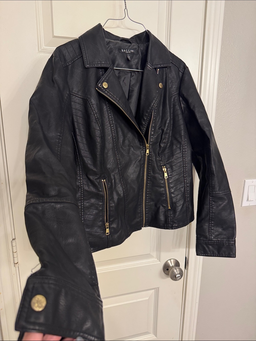 Baccini Black Faux Leather Moto Jacket with Gold Hardware